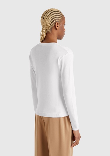  Kadın Beyaz %100 Pamuk Nervür Detaylı V Yaka İnce Kazak