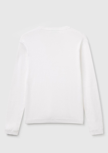  Kadın Beyaz %100 Pamuk Nervür Detaylı V Yaka İnce Kazak