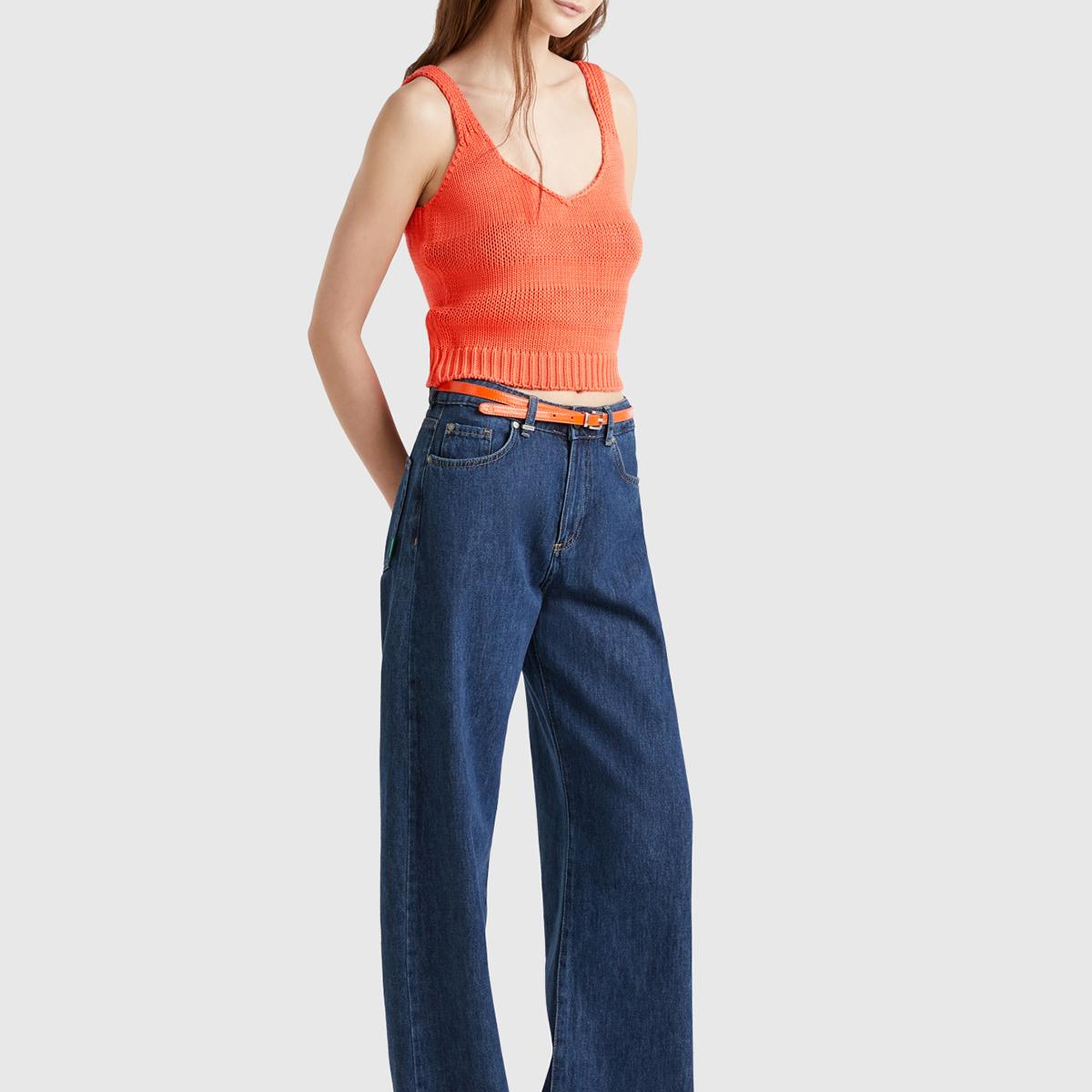 Kadın Turuncu %100 Pamuk Şerit Efektli Örme Relax Fit V Yaka Triko Atlet