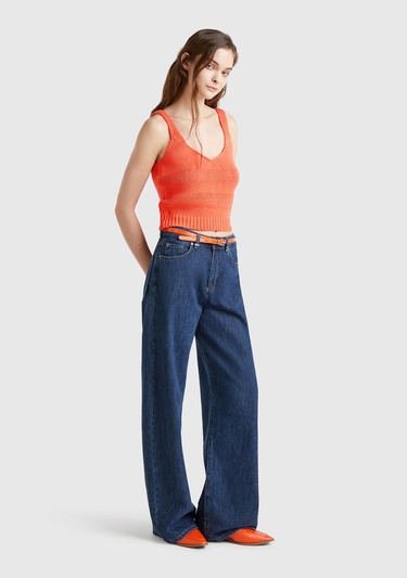  Kadın Turuncu %100 Pamuk Şerit Efektli Örme Relax Fit V Yaka Triko Atlet