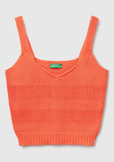  Kadın Turuncu %100 Pamuk Şerit Efektli Örme Relax Fit V Yaka Triko Atlet