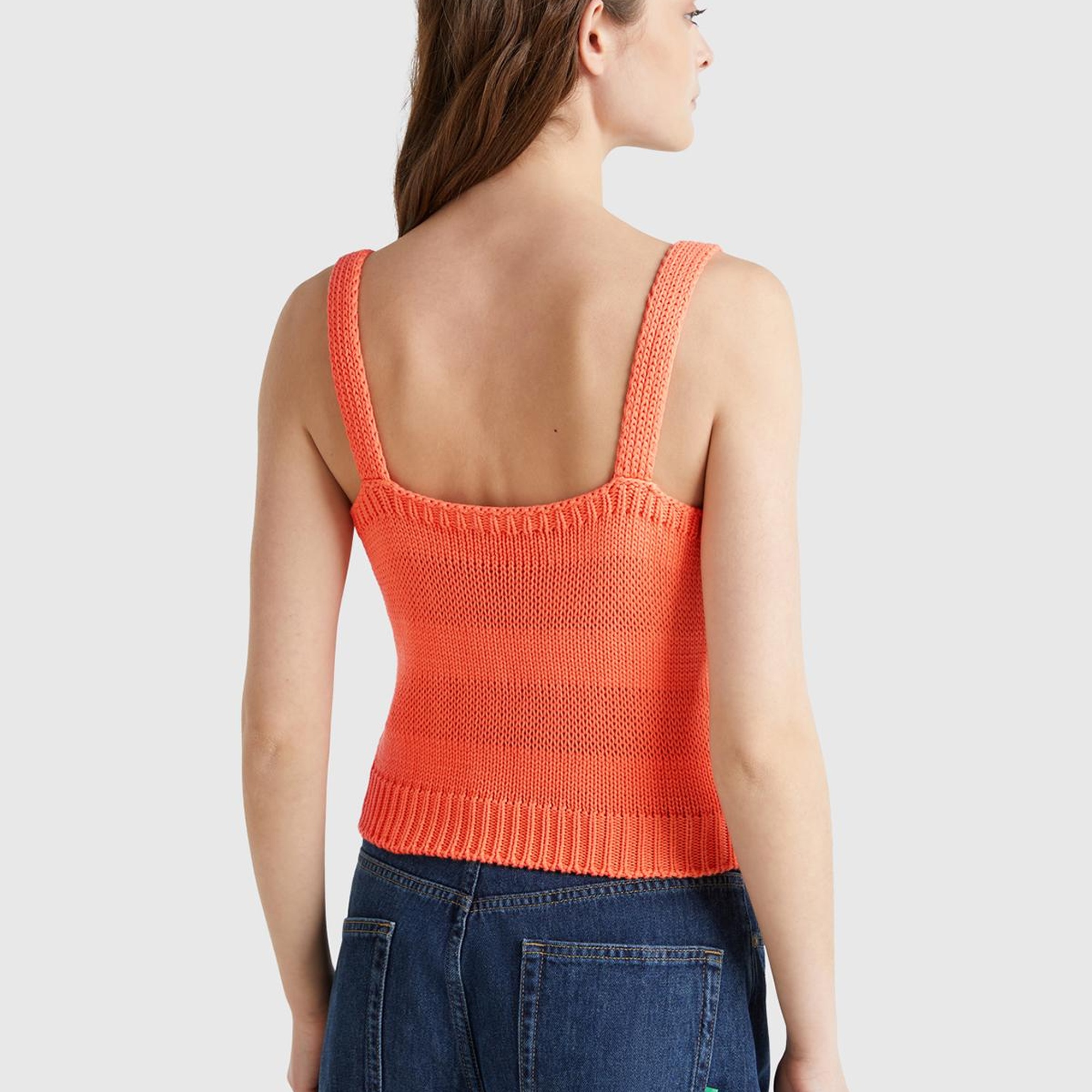 Kadın Turuncu %100 Pamuk Şerit Efektli Örme Relax Fit V Yaka Triko Atlet