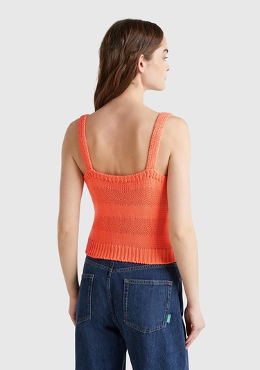  Kadın Turuncu %100 Pamuk Şerit Efektli Örme Relax Fit V Yaka Triko Atlet