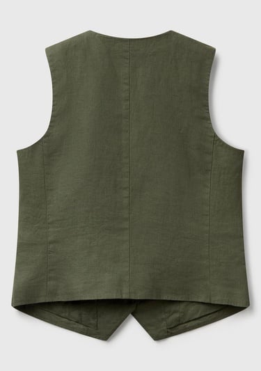  Kadın Haki %100 Keten Önü Düğme İliklemeli V Yaka Yelek