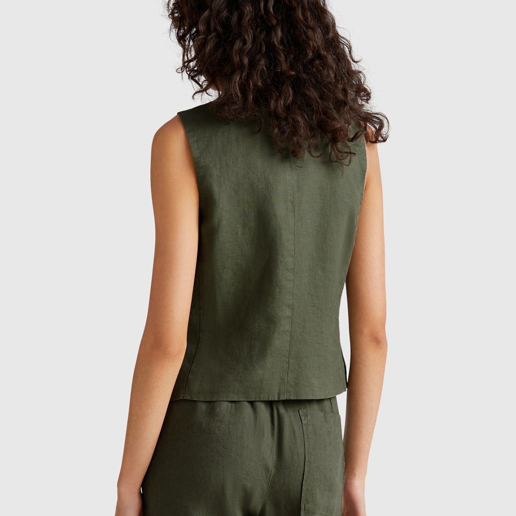 Kadın Haki %100 Keten Önü Düğme İliklemeli V Yaka Yelek