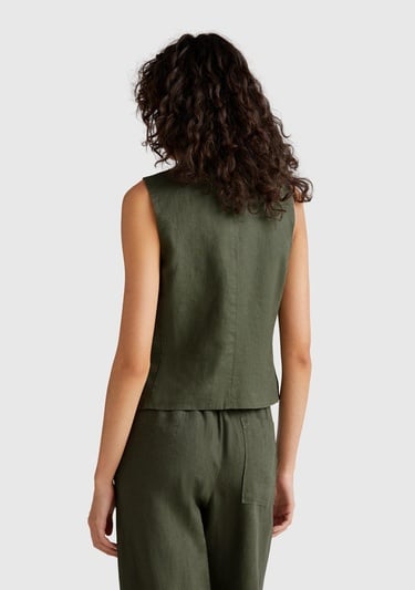  Kadın Haki %100 Keten Önü Düğme İliklemeli V Yaka Yelek