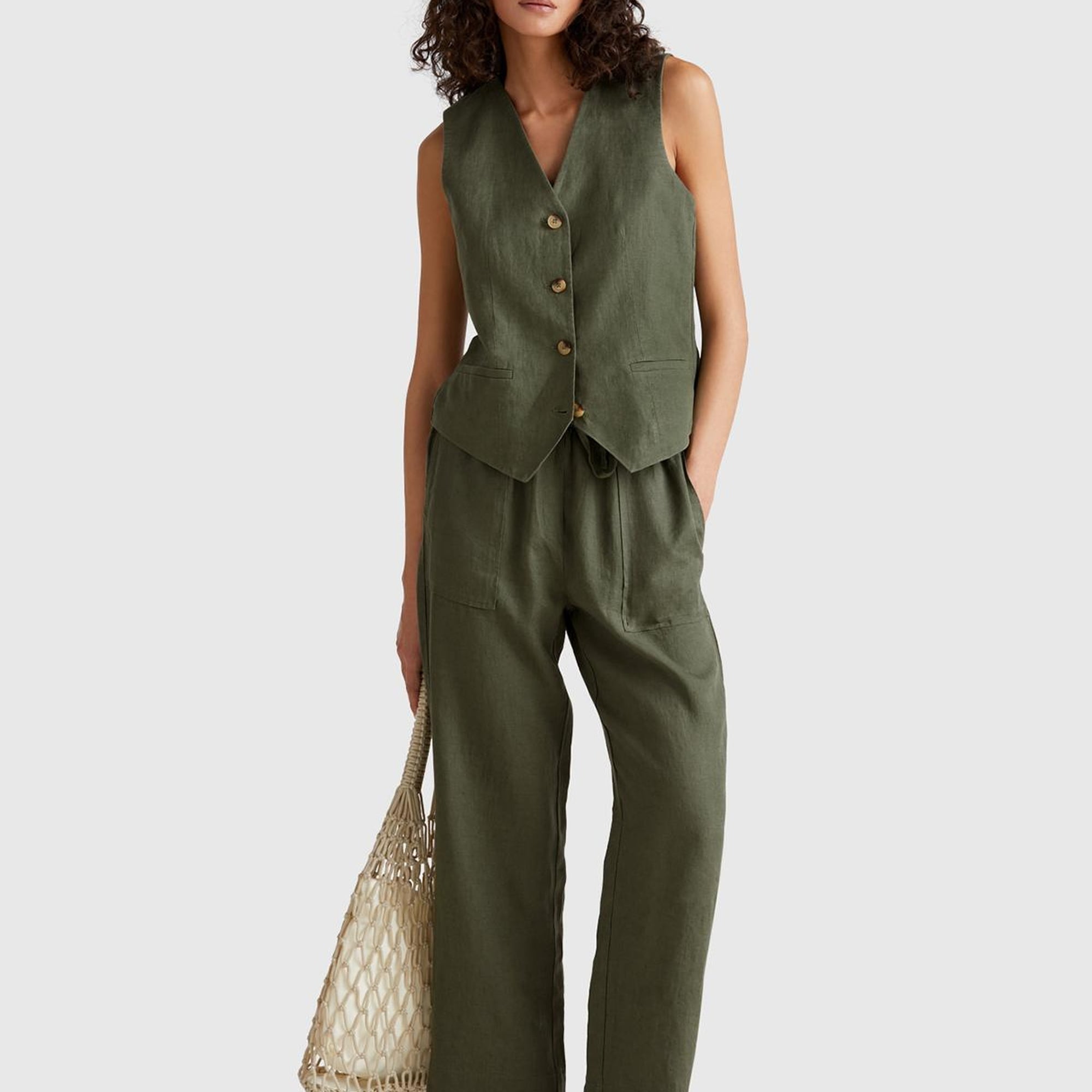 Kadın Haki %100 Keten Önü Düğme İliklemeli V Yaka Yelek