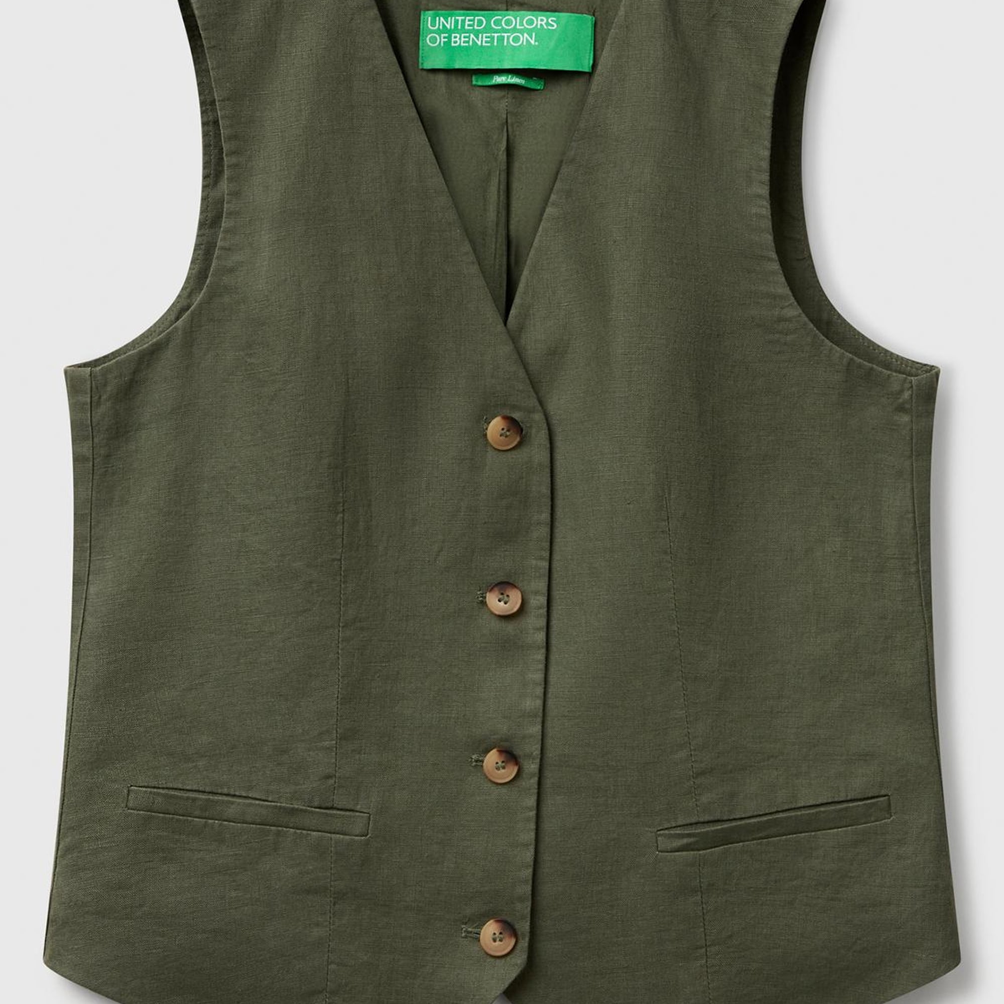 Kadın Haki %100 Keten Önü Düğme İliklemeli V Yaka Yelek