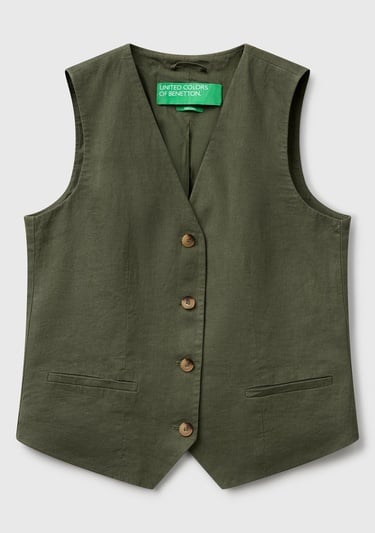  Kadın Haki %100 Keten Önü Düğme İliklemeli V Yaka Yelek