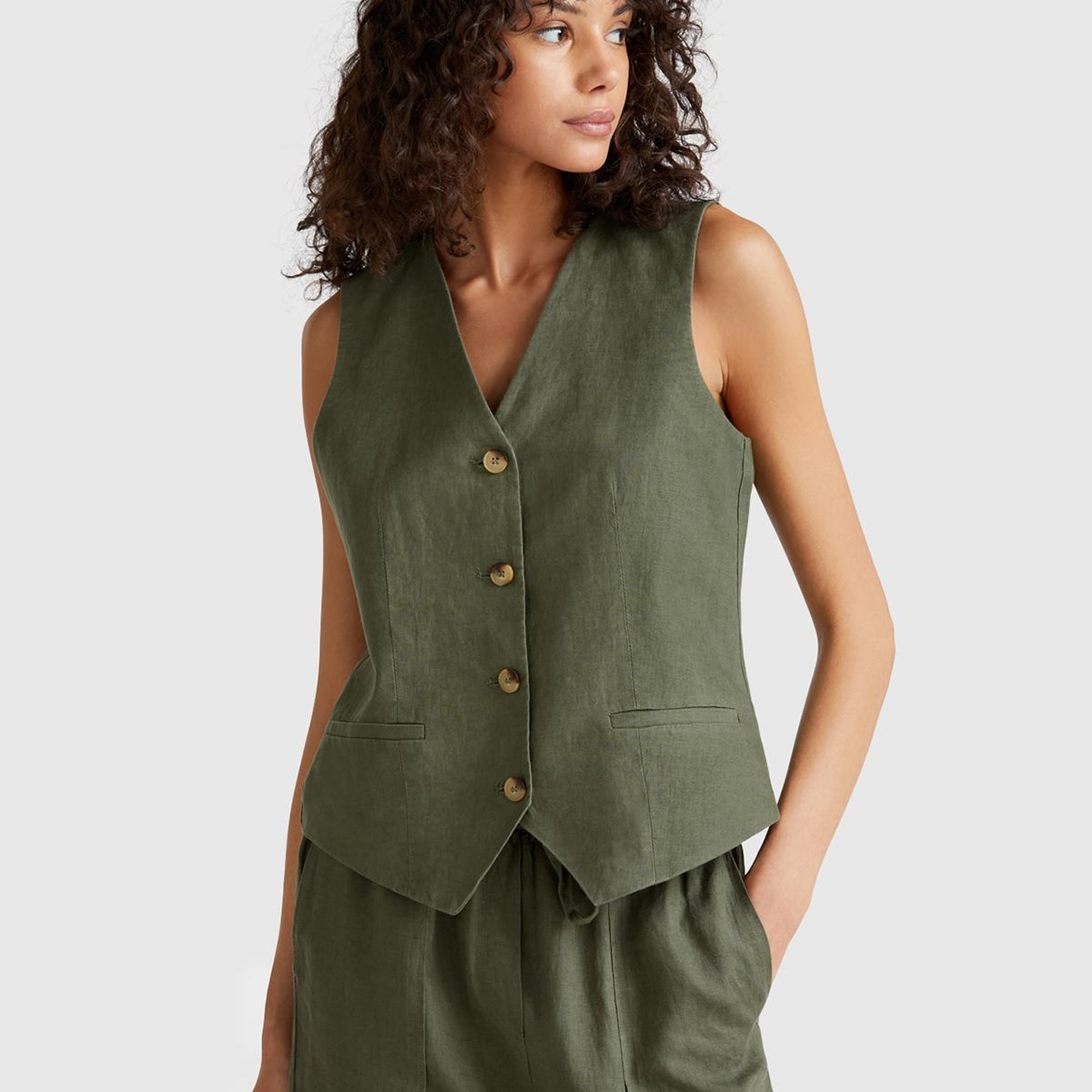 Kadın Haki %100 Keten Önü Düğme İliklemeli V Yaka Yelek