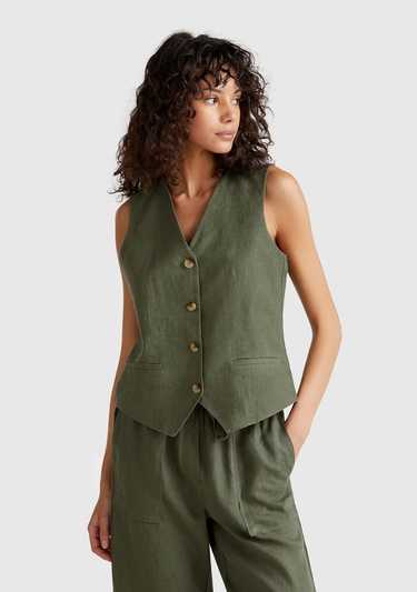  Kadın Haki %100 Keten Önü Düğme İliklemeli V Yaka Yelek