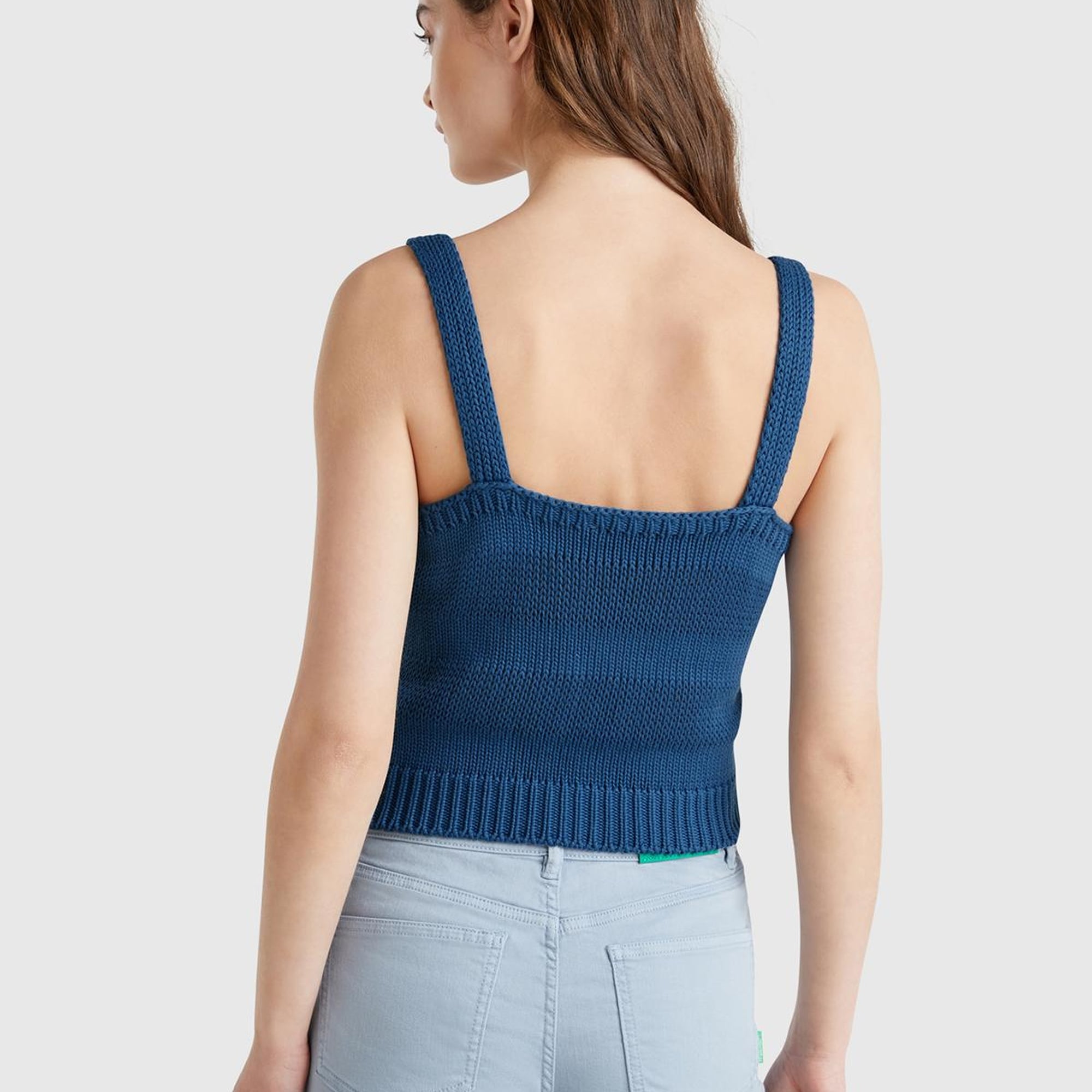 Kadın Denim %100 Pamuk Şerit Efektli Örme Relax Fit V Yaka Triko Atlet