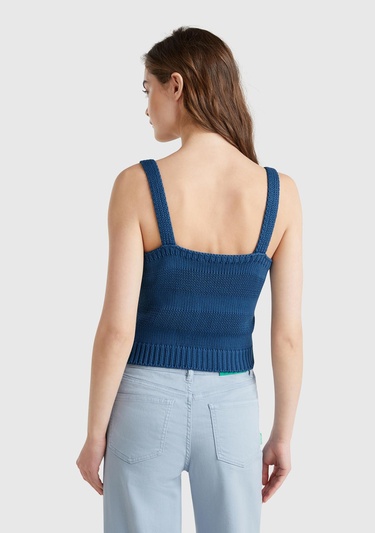  Kadın Denim %100 Pamuk Şerit Efektli Örme Relax Fit V Yaka Triko Atlet