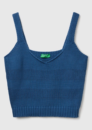  Kadın Denim %100 Pamuk Şerit Efektli Örme Relax Fit V Yaka Triko Atlet