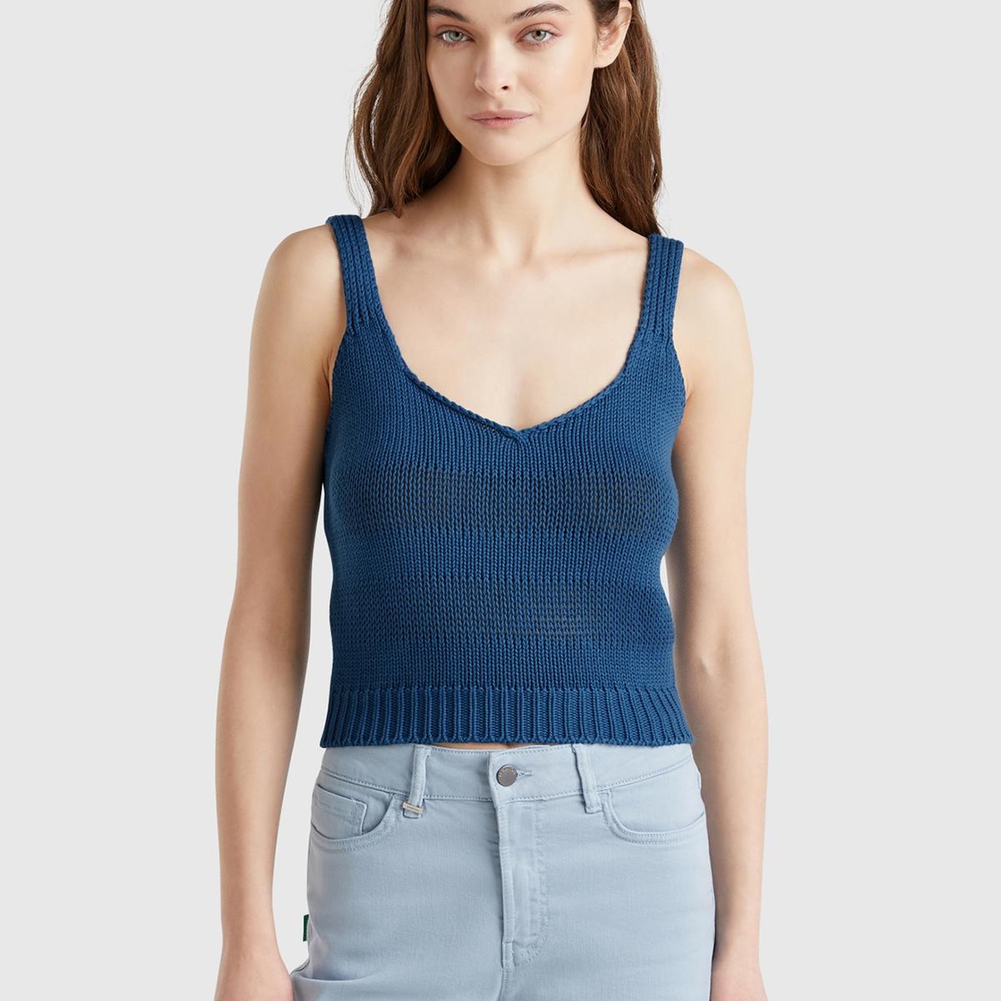 Kadın Denim %100 Pamuk Şerit Efektli Örme Relax Fit V Yaka Triko Atlet