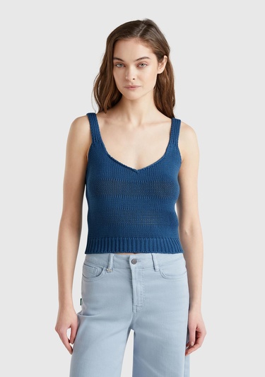  Kadın Denim %100 Pamuk Şerit Efektli Örme Relax Fit V Yaka Triko Atlet