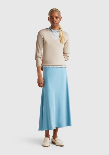  Kadın Taş Rengi %100 Pamuk Nervür Detaylı V Yaka İnce Kazak