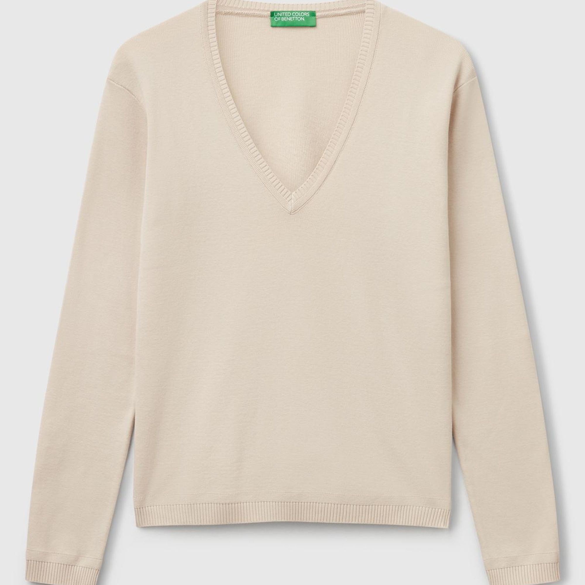 Kadın Taş Rengi %100 Pamuk Nervür Detaylı V Yaka İnce Kazak