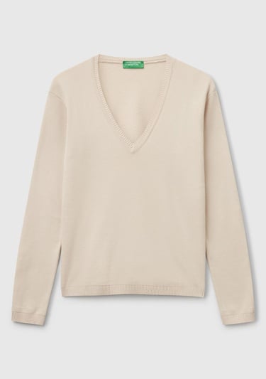  Kadın Taş Rengi %100 Pamuk Nervür Detaylı V Yaka İnce Kazak