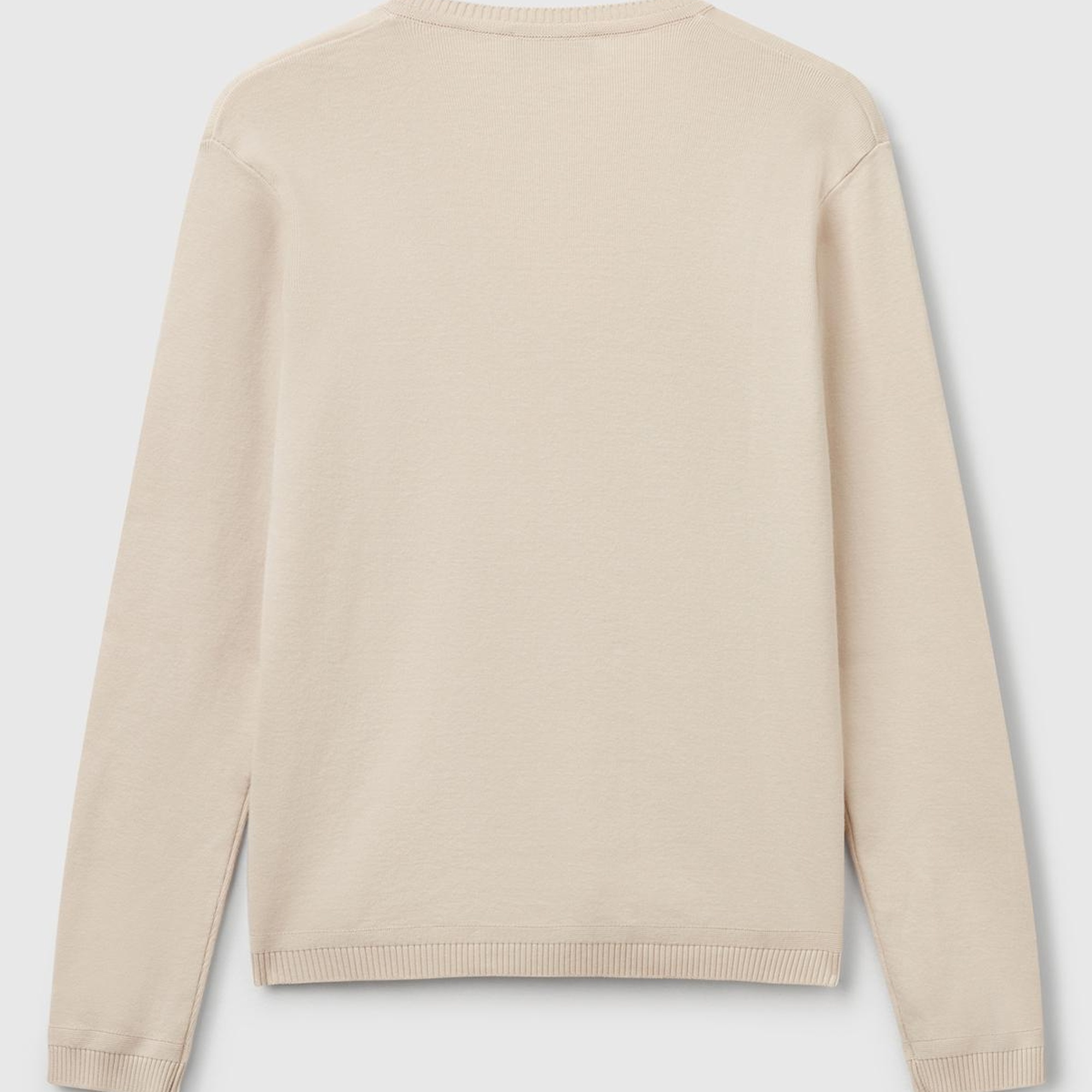 Kadın Taş Rengi %100 Pamuk Nervür Detaylı V Yaka İnce Kazak