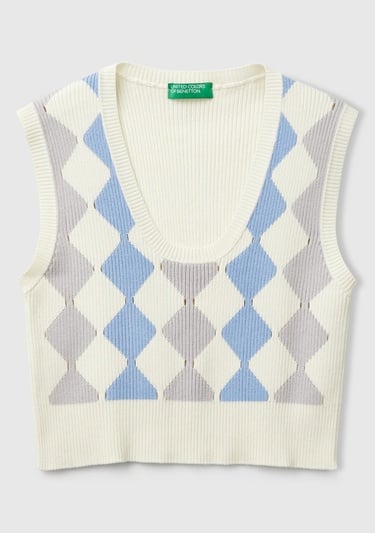  Kadın Krem Baklava Desenli Nervür Detaylı Ribanalı Crop Süveter