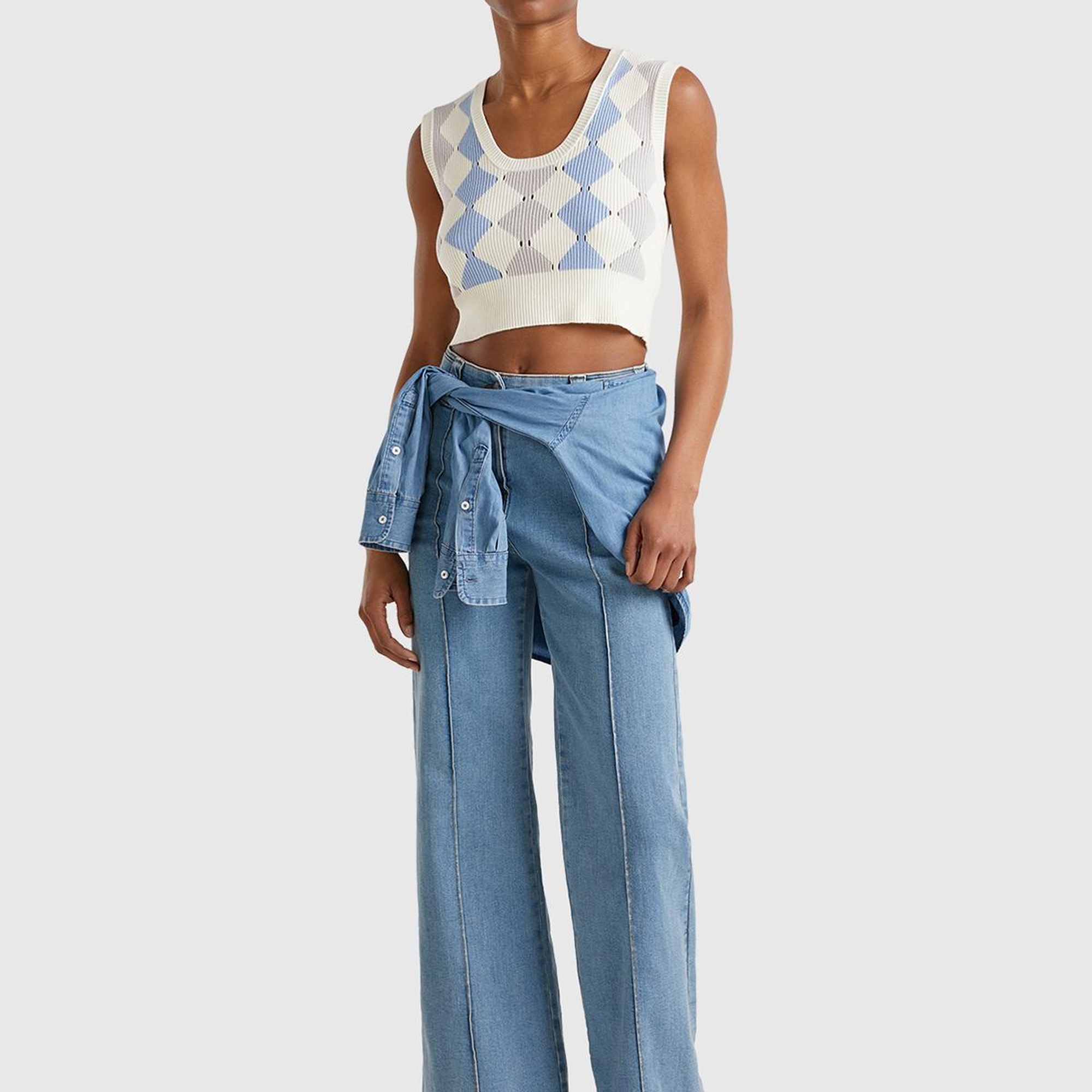 Kadın Krem Baklava Desenli Nervür Detaylı Ribanalı Crop Süveter