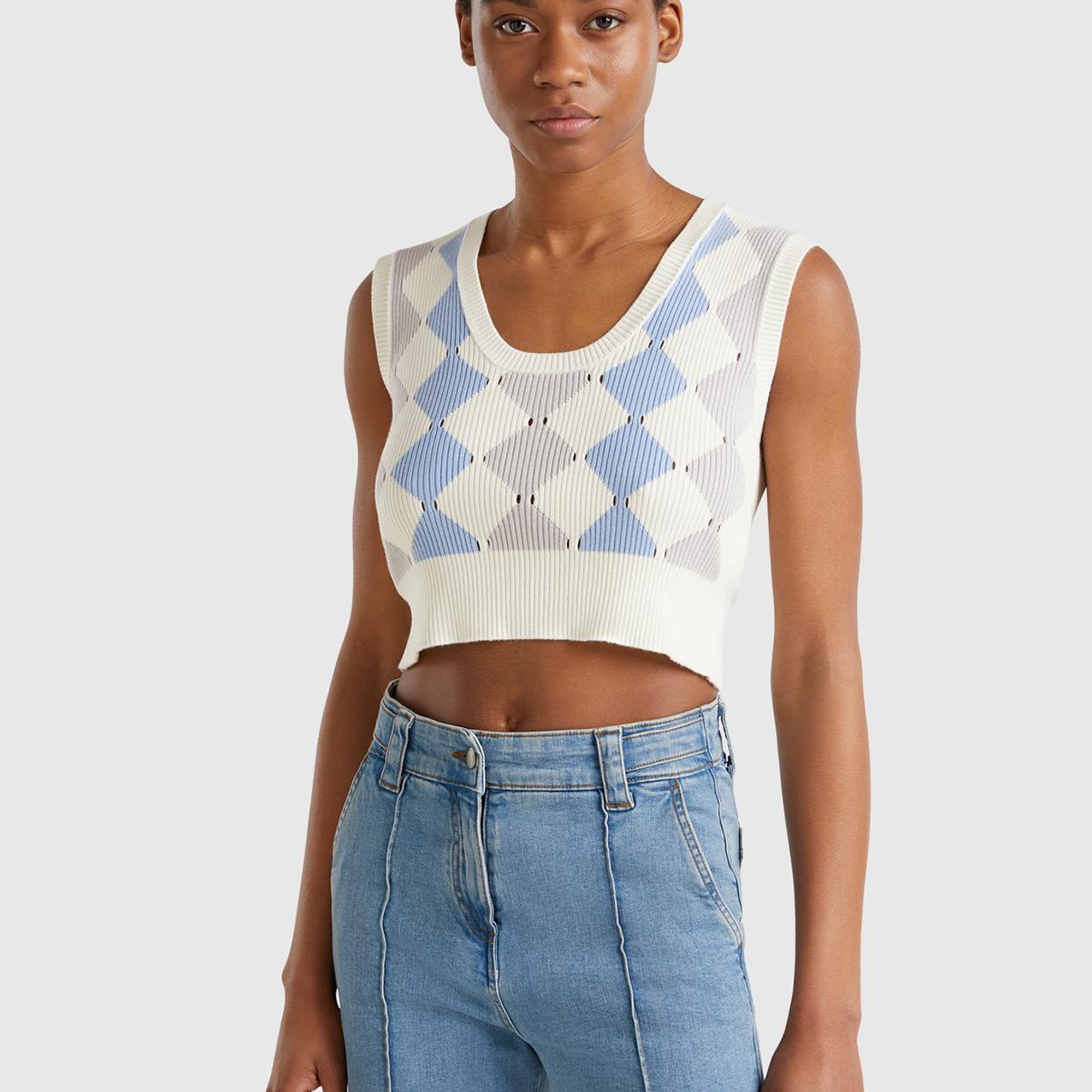 Kadın Krem Baklava Desenli Nervür Detaylı Ribanalı Crop Süveter