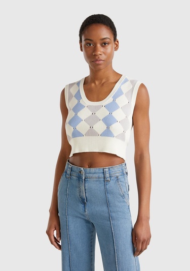  Kadın Krem Baklava Desenli Nervür Detaylı Ribanalı Crop Süveter