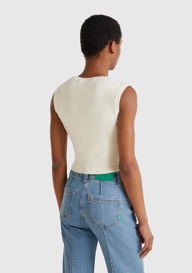  Kadın Krem Baklava Desenli Nervür Detaylı Ribanalı Crop Süveter