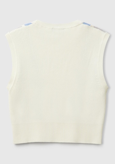  Kadın Krem Baklava Desenli Nervür Detaylı Ribanalı Crop Süveter