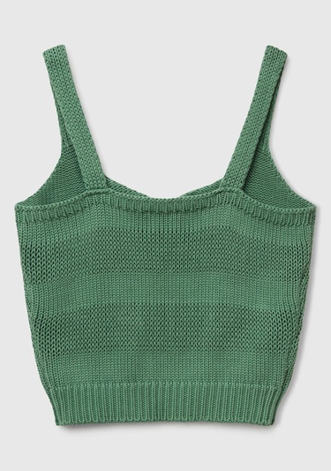  Kadın Açık Yeşil %100 Pamuk Şerit Efektli Örme Relax Fit V Yaka Triko Atlet