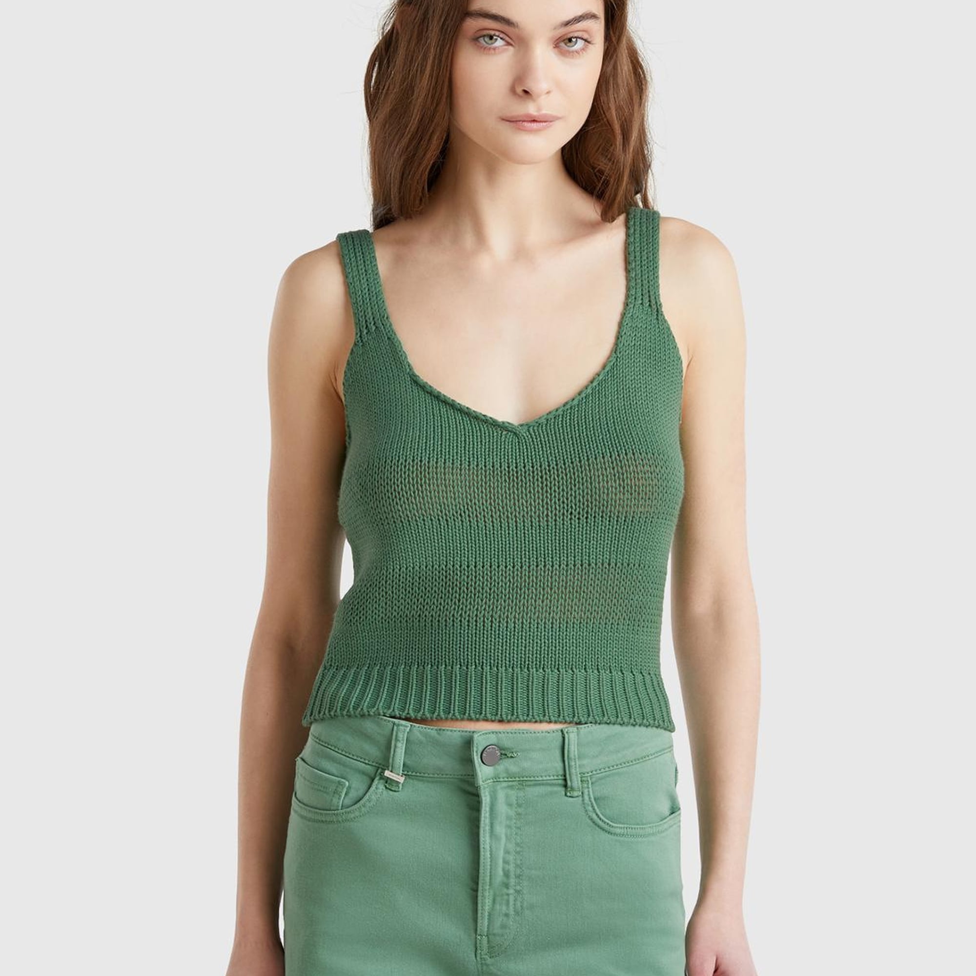 Kadın Açık Yeşil %100 Pamuk Şerit Efektli Örme Relax Fit V Yaka Triko Atlet