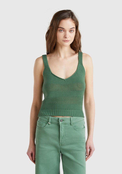  Kadın Açık Yeşil %100 Pamuk Şerit Efektli Örme Relax Fit V Yaka Triko Atlet