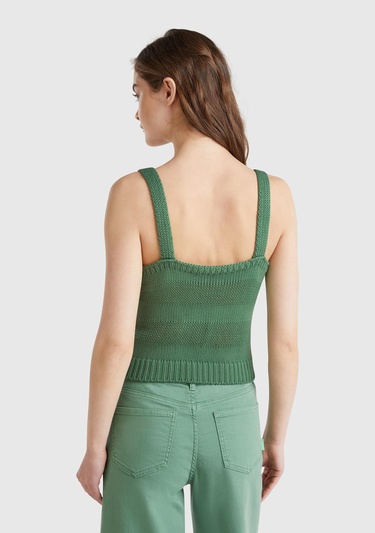  Kadın Açık Yeşil %100 Pamuk Şerit Efektli Örme Relax Fit V Yaka Triko Atlet