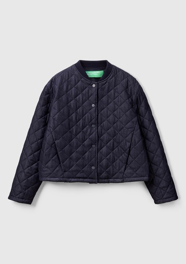  Kadın Lacivert Viskoz Karışımlı Denim Efekkli Kapitone Mont