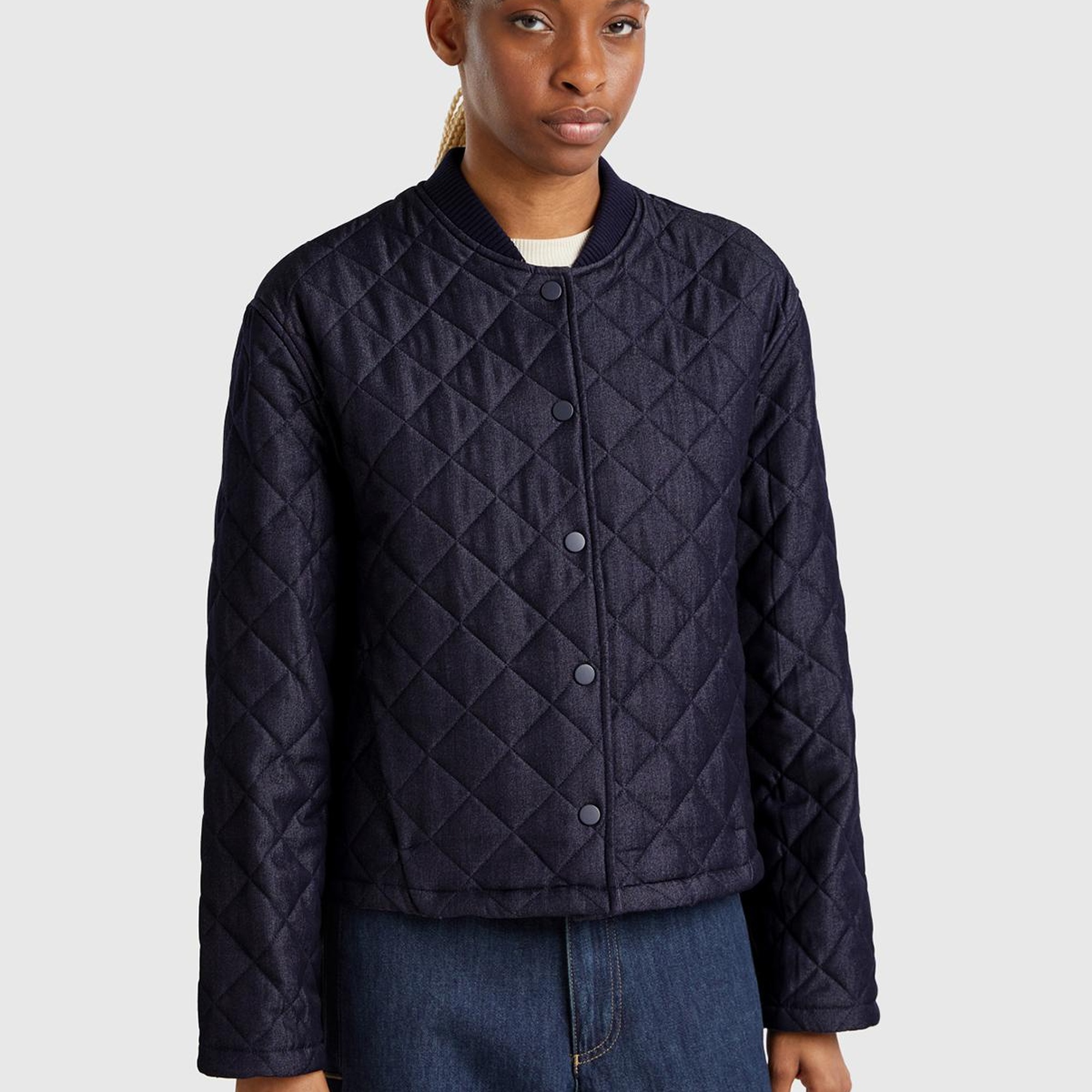 Kadın Lacivert Viskoz Karışımlı Denim Efekkli Kapitone Mont