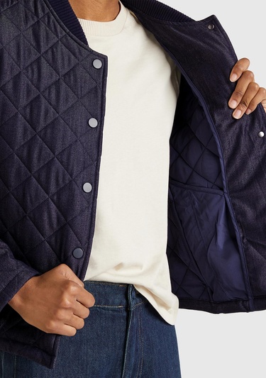  Kadın Lacivert Viskoz Karışımlı Denim Efekkli Kapitone Mont