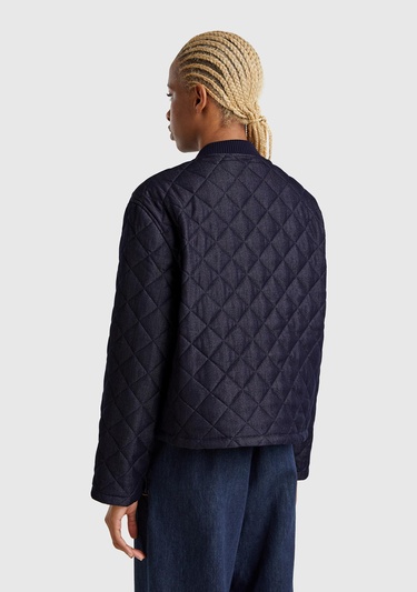  Kadın Lacivert Viskoz Karışımlı Denim Efekkli Kapitone Mont