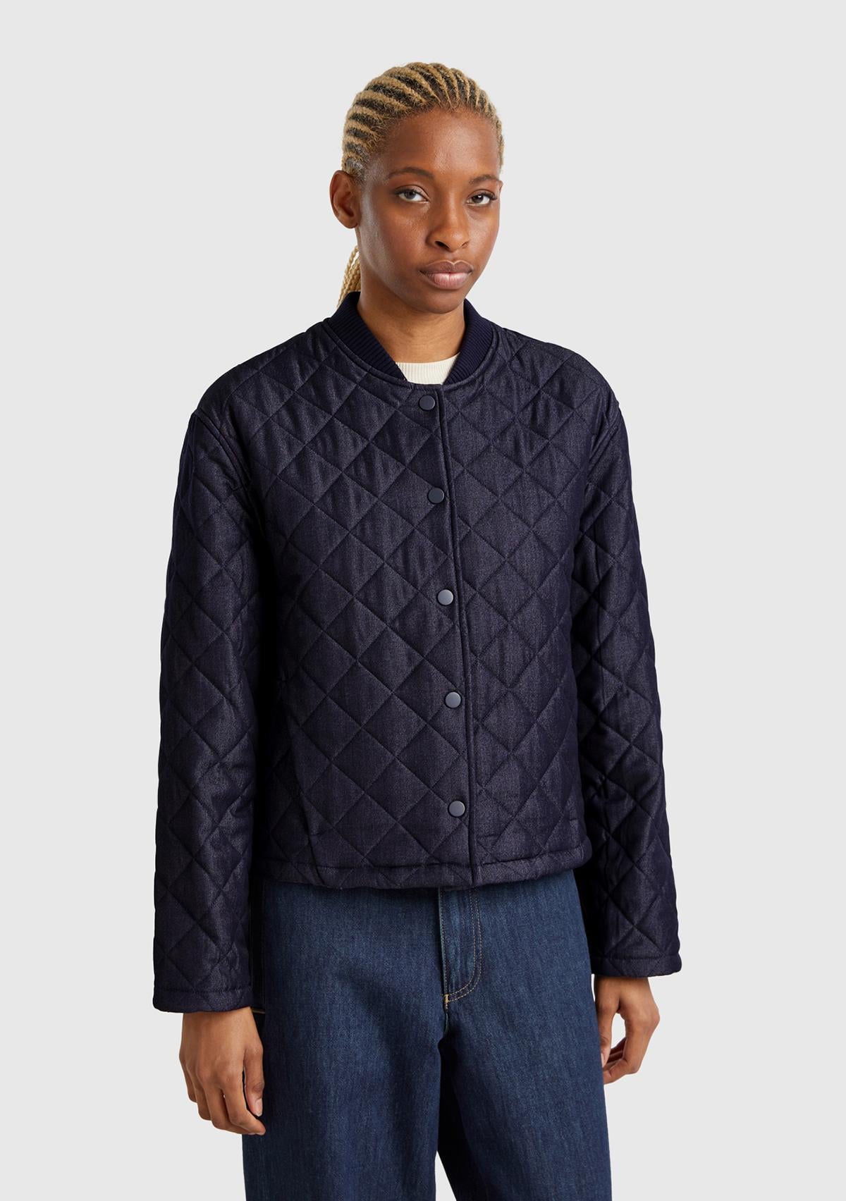  Kadın Lacivert Viskoz Karışımlı Denim Efekkli Kapitone Mont