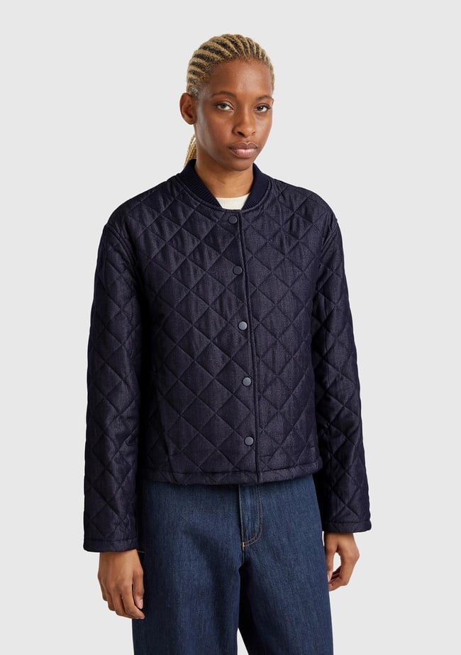  Kadın Lacivert Viskoz Karışımlı Denim Efekkli Kapitone Mont