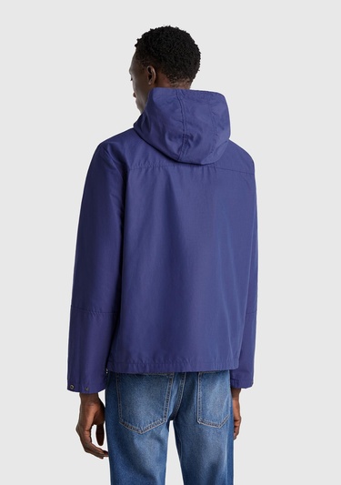  Erkek Lavanta Mavisi Pamuk Karışımlı Önü Yama Cepli Fermuarlı Kapüşonlu Ceket