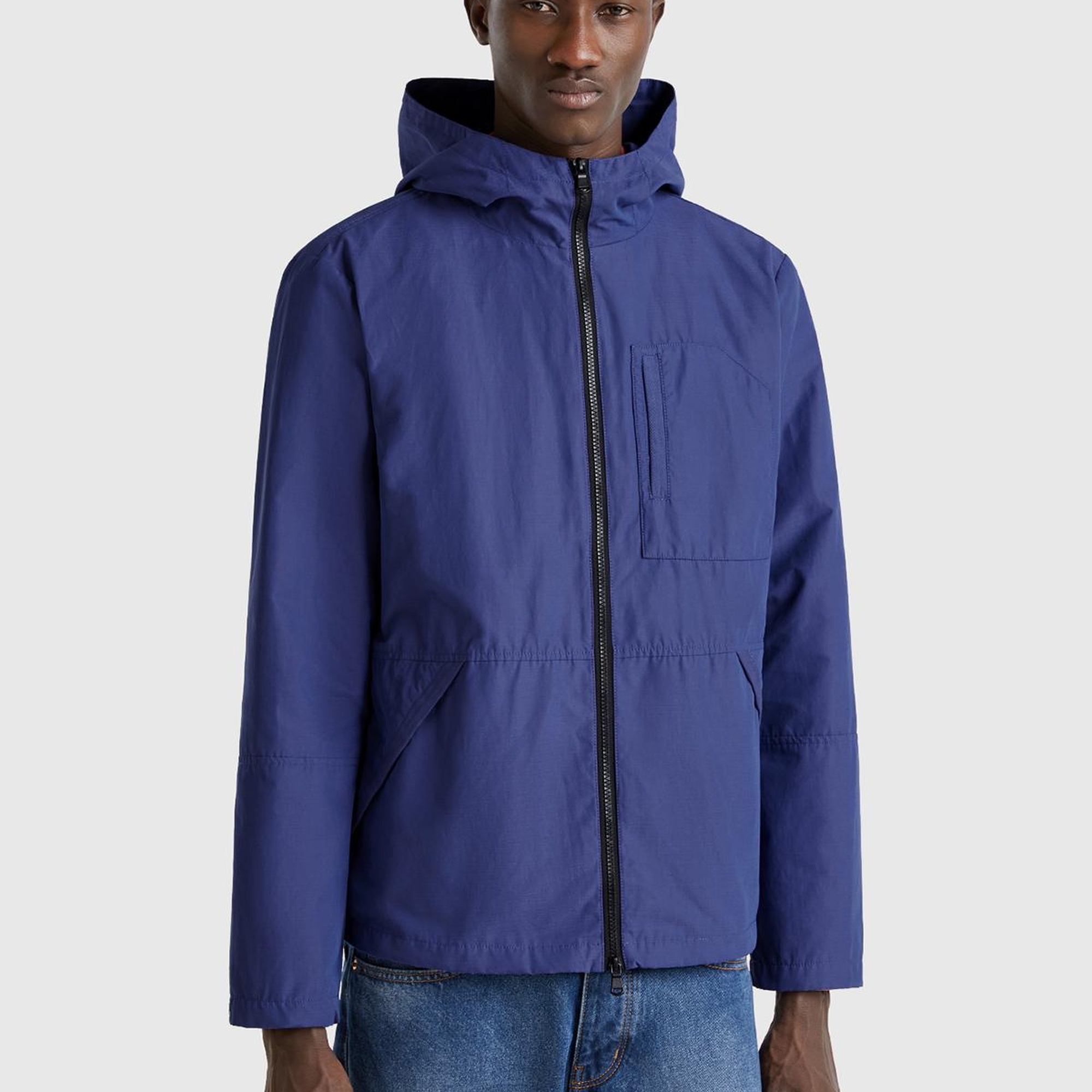 Erkek Lavanta Mavisi Pamuk Karışımlı Önü Yama Cepli Fermuarlı Kapüşonlu Ceket