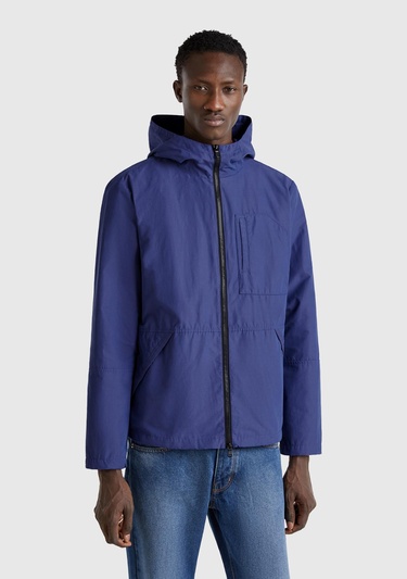  Erkek Lavanta Mavisi Pamuk Karışımlı Önü Yama Cepli Fermuarlı Kapüşonlu Ceket