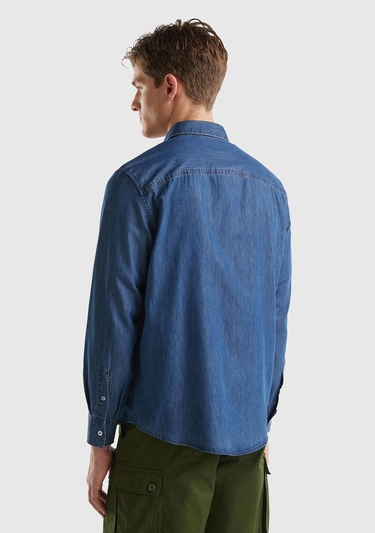  Erkek İndigo %100 Pamuk Göğüs Cepli Uzun Kollu Denim Gömlek