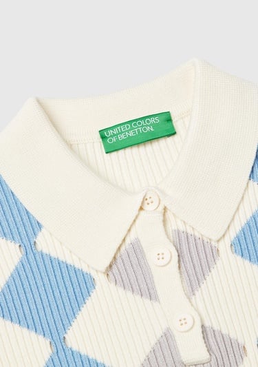  Kadın Krem Baklava Desenli Nervür Detaylı Polo Yaka Kısa Kollu Kazak