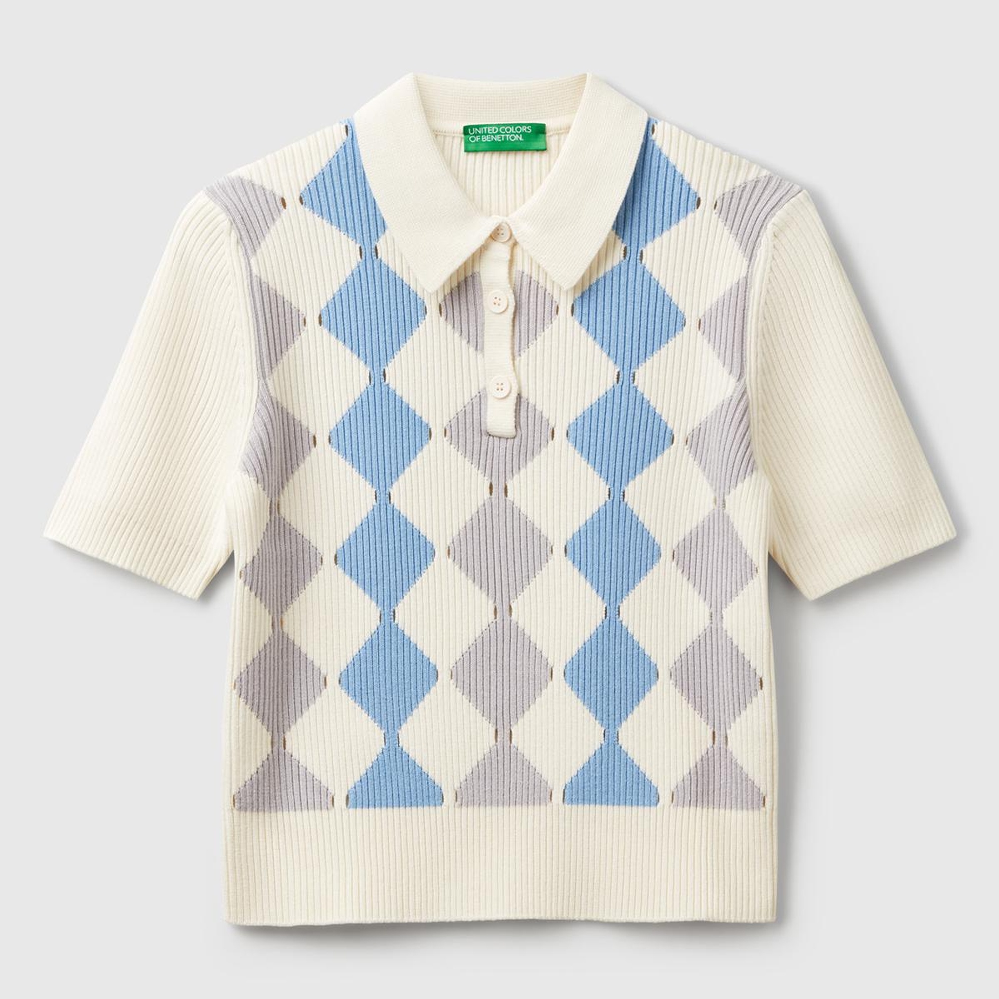 Kadın Krem Baklava Desenli Nervür Detaylı Polo Yaka Kısa Kollu Kazak