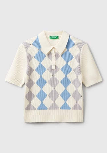  Kadın Krem Baklava Desenli Nervür Detaylı Polo Yaka Kısa Kollu Kazak