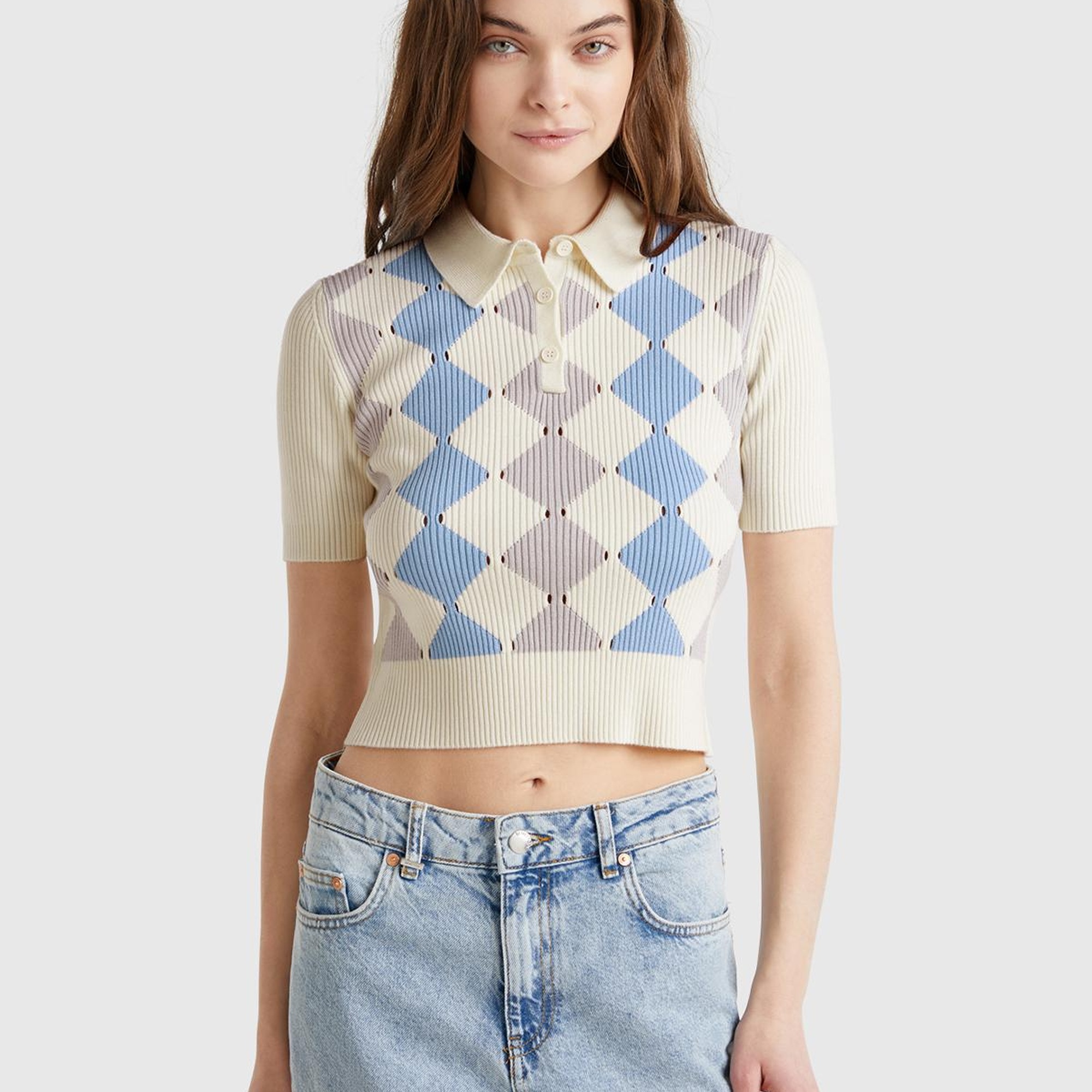 Kadın Krem Baklava Desenli Nervür Detaylı Polo Yaka Kısa Kollu Kazak