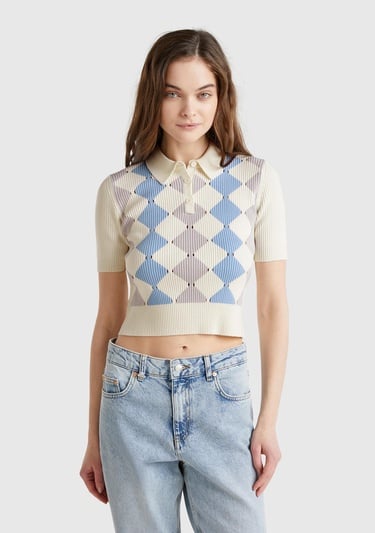  Kadın Krem Baklava Desenli Nervür Detaylı Polo Yaka Kısa Kollu Kazak