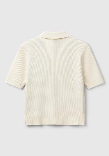  Kadın Krem Baklava Desenli Nervür Detaylı Polo Yaka Kısa Kollu Kazak